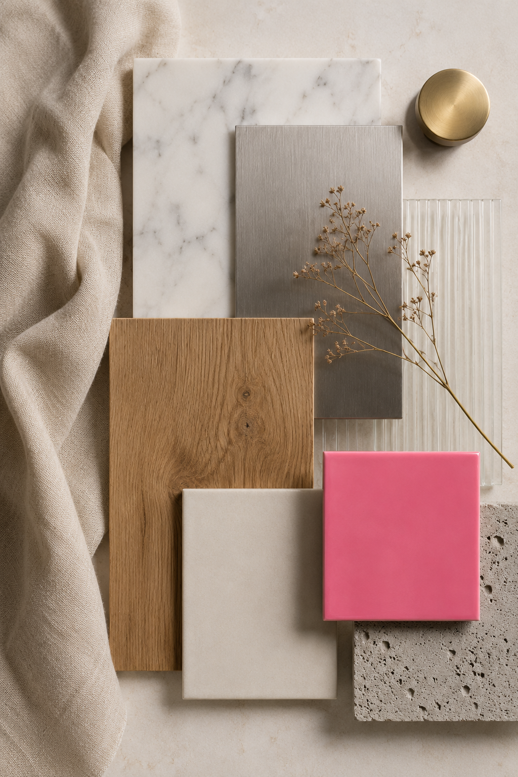 Materialcollage mit Naturmaterialien und Magenta-Akzent